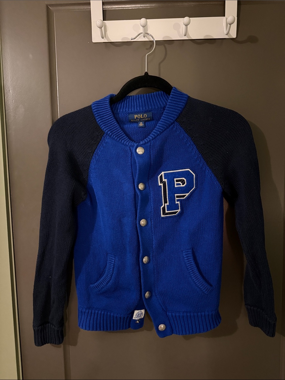 Polo by Ralph Lauren Royal Blue & Navy Letterman Cardigan “P”, EUC, Youth 8